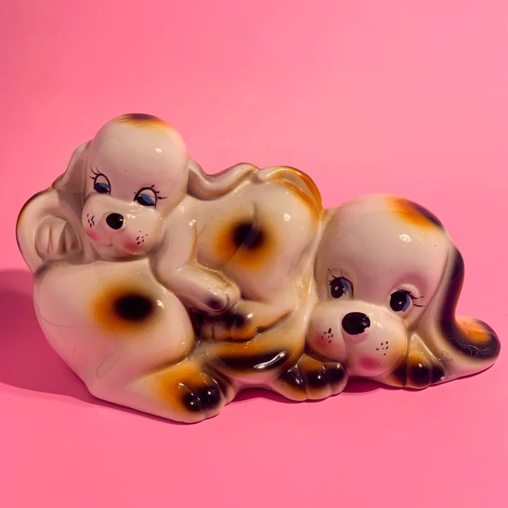Vintage Piggy Bank, Kitsch, Ceramic Cute Dogs, 70s Retro, Anamorphic